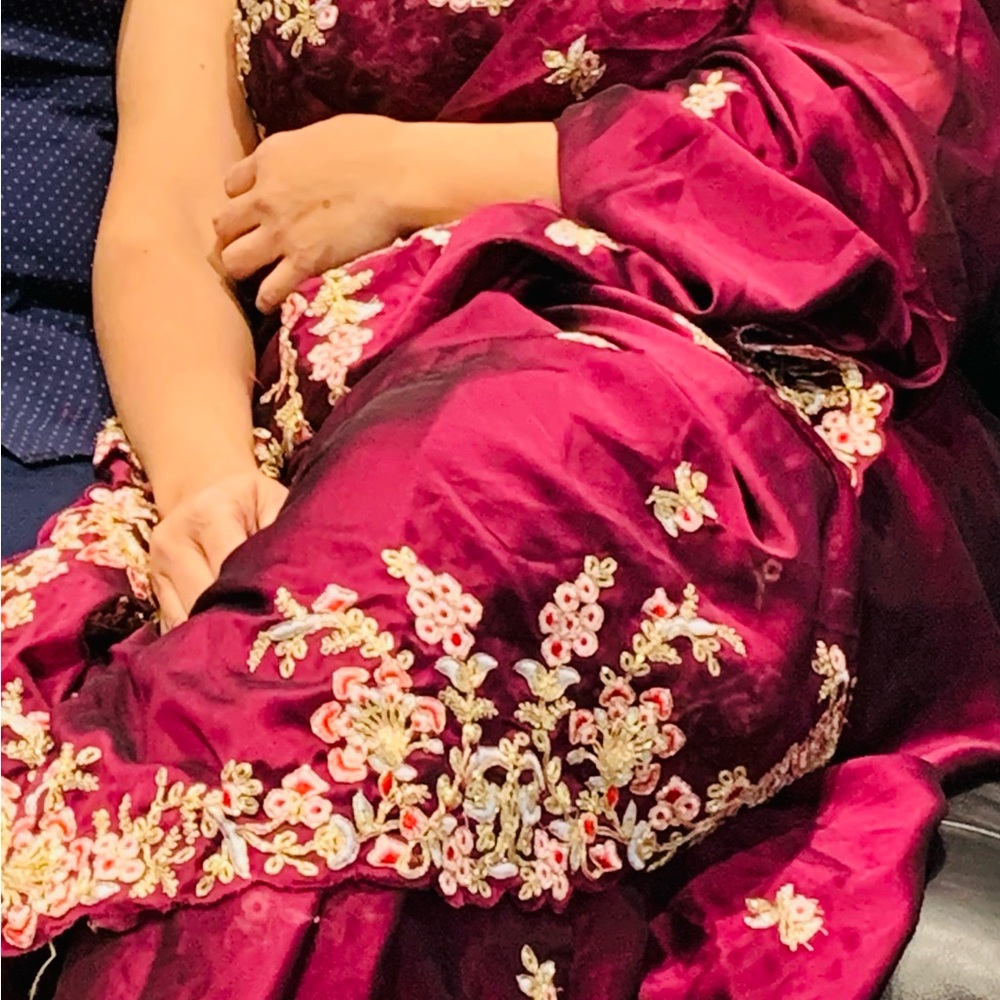 Elegant Burgundy Embroidered Women's Saree